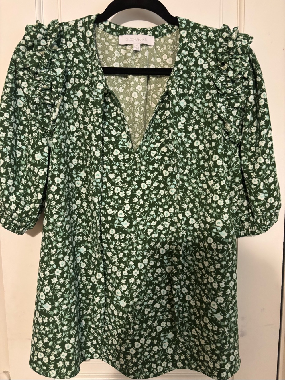Sugarlips Green Floral V-Neck Puff Sleeve Tunic